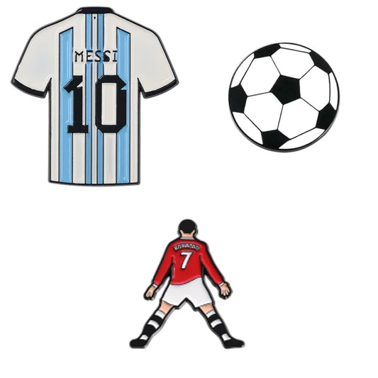 Soccer jersey with number 10, soccer ball, and player in red jersey with number 7 on a white background