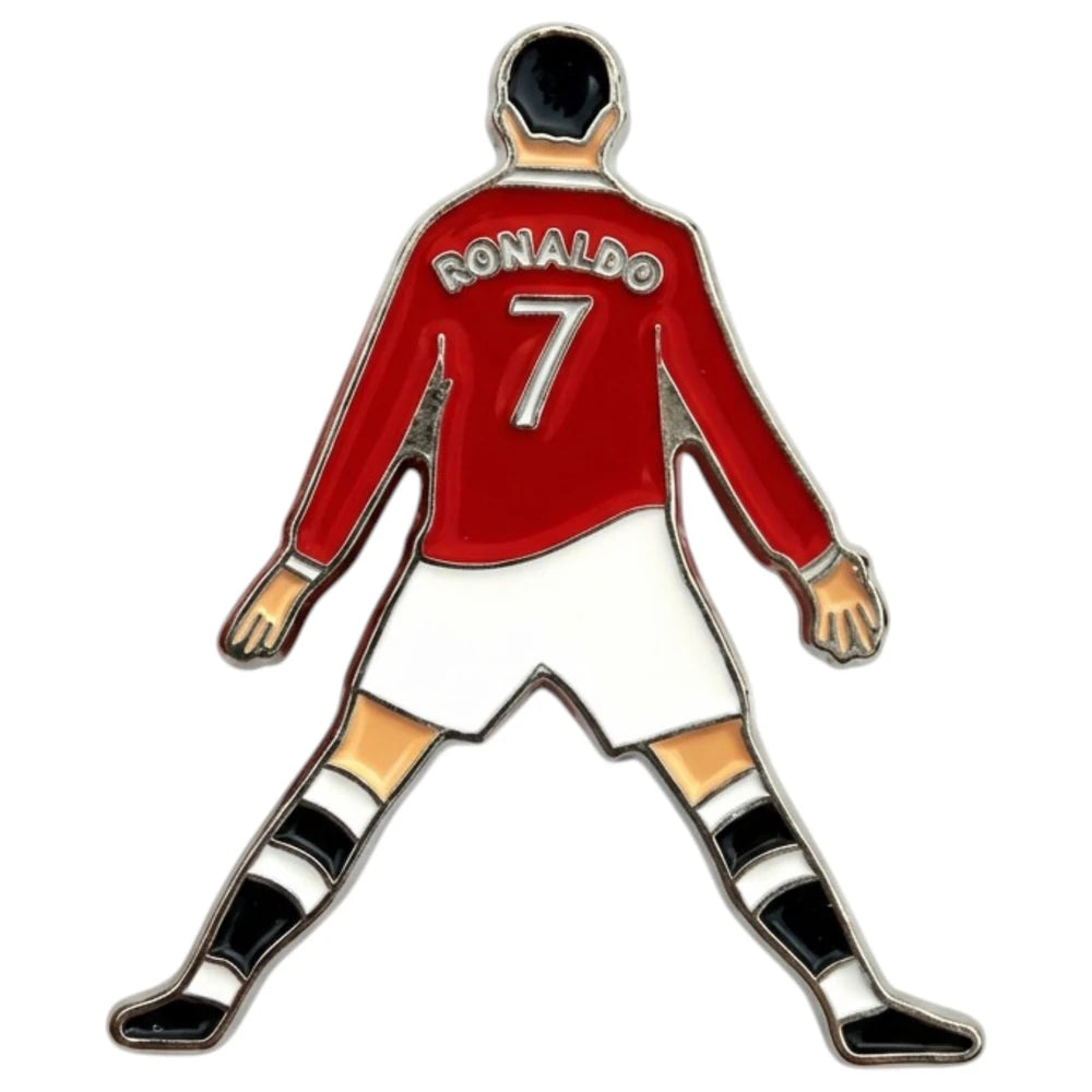 Soccer player pin with red jersey, white shorts, and black socks, featuring the name 'Ronaldo' and number '7'.
