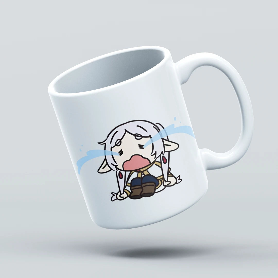 White mug with a cartoon character design on a light gray background