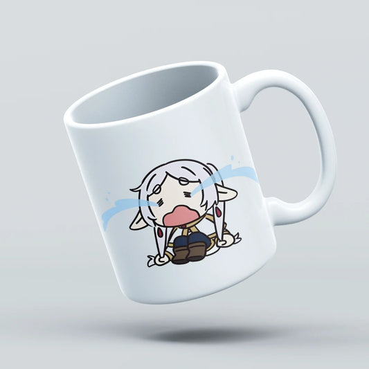White mug with a cartoon character design on a light gray background
