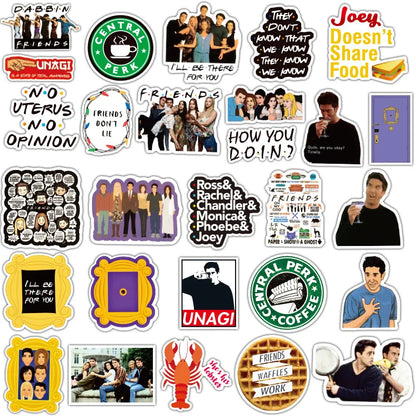 Collection of 'Friends' themed stickers featuring characters and quotes.