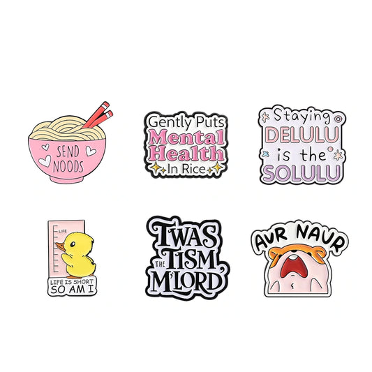 Six cartoon-style sticker or patch designs arranged on a plain white background. The designs include a pink noodle bowl with chopsticks, a text sticker reading 'Gently Putts Mental Health In Rice', a pink text sticker reading 'Staying DELULU is the SOLULU', a yellow duck with 'LIFE IS SUGAR SO AM I', black-and-white text reading 'TWAS THE TISM THE MIORD', and a pink character with orange hair and an open mouth.