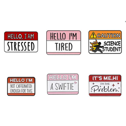 Set of humorous name tags with various sayings on a white background