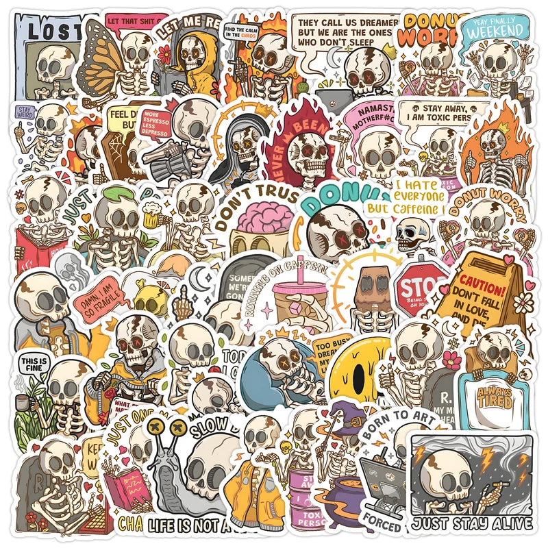 Collection of colorful stickers with various designs, including skeletons and text, on a white background.