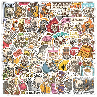 Collection of colorful stickers with various designs, including skeletons and text, on a white background.