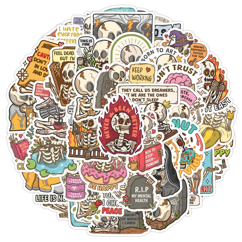 Collection of colorful stickers with various designs and text on a white background