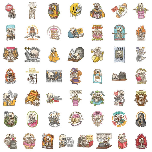 Collection of colorful skeleton-themed stickers on a white background