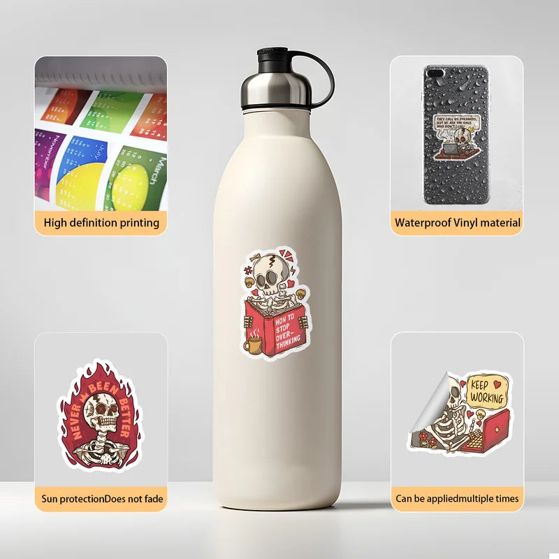 White water bottle with skull design stickers on a gray background