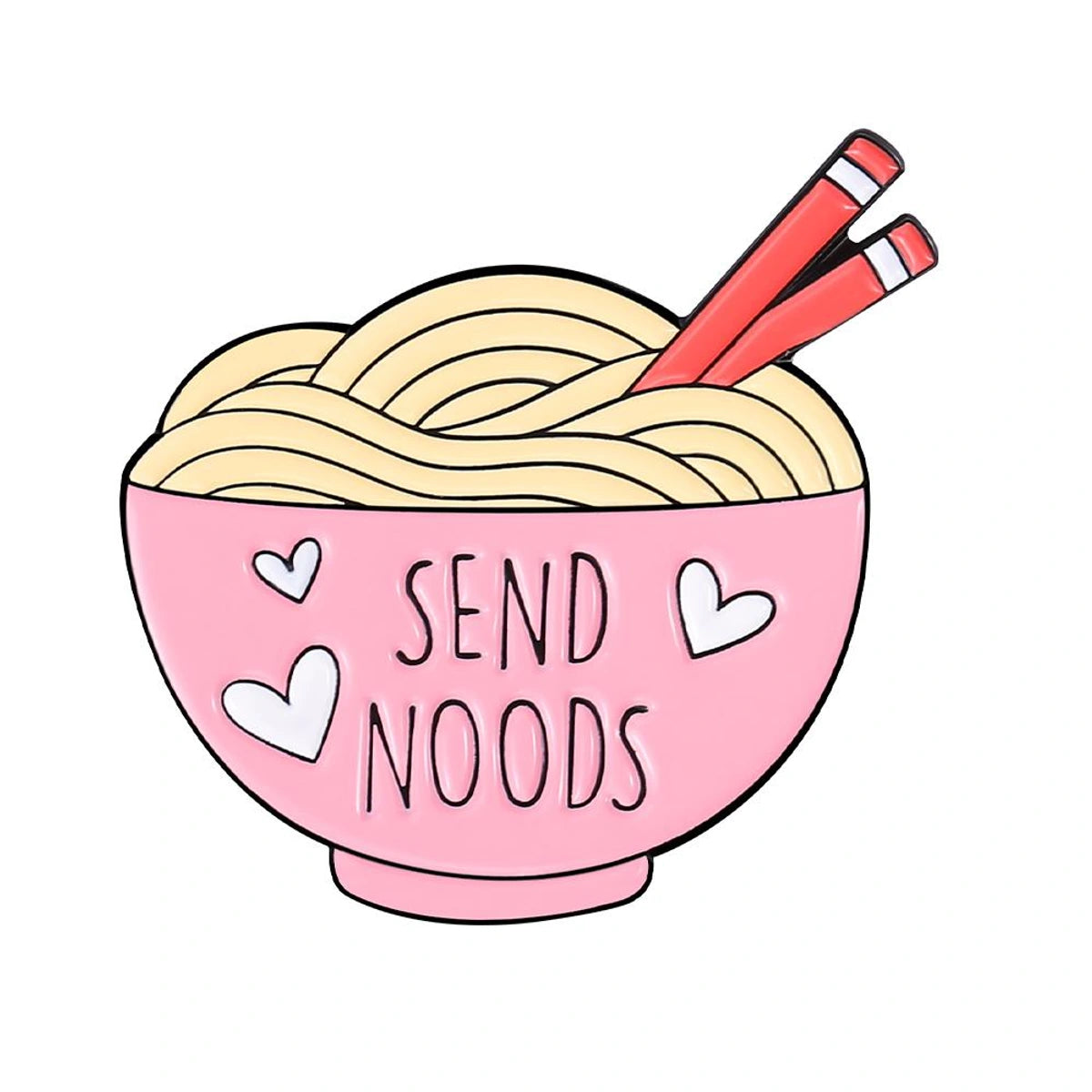 A cartoon-style pink bowl filled with beige noodles, with red chopsticks resting inside. The bowl has white heart shapes and the words 'SEND NOODS' printed on the front, set against a plain white background.