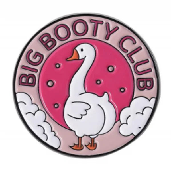 Circular logo with a goose illustration and 'Big Booty Club' text on a pink background