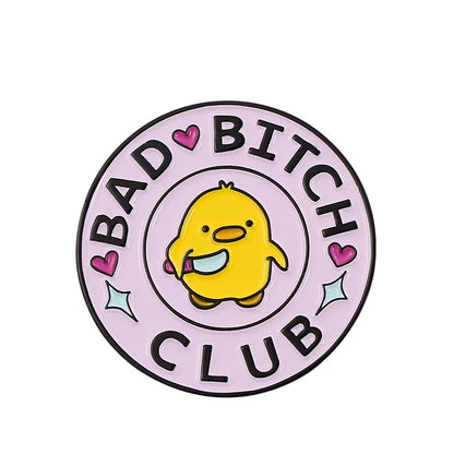 Circular logo with a yellow cartoon character and 'Bad Bitch Club' text on a pink background
