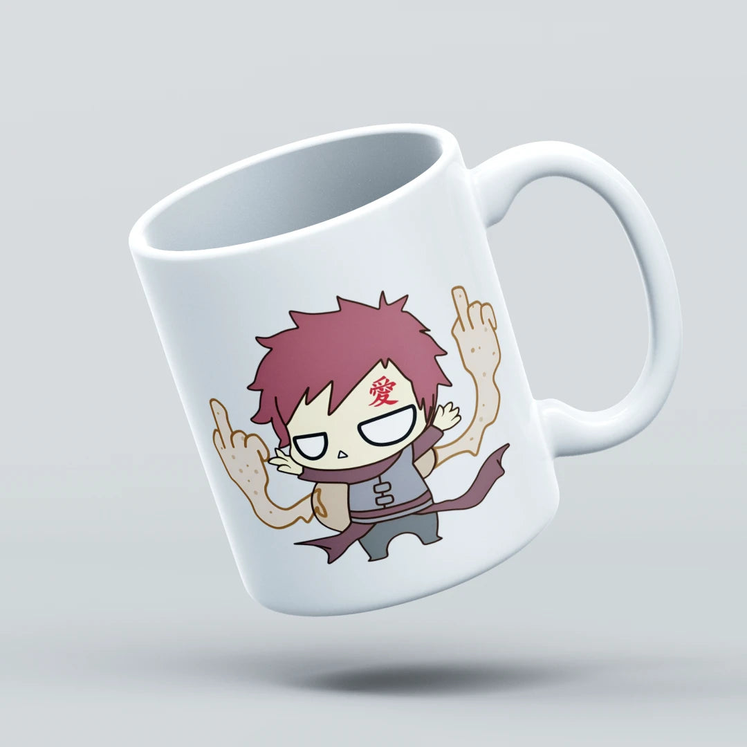 White mug with a cartoon character design on a light gray background