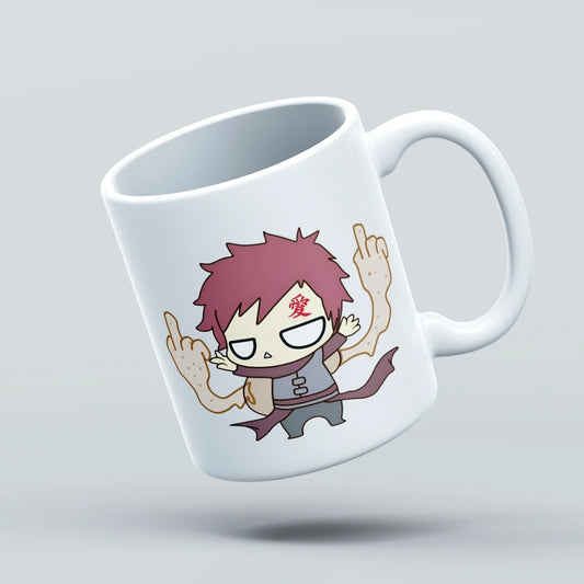 White mug with a cartoon character design on a light gray background