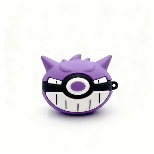 Purple cartoon character with a black circle and white accents on a white background