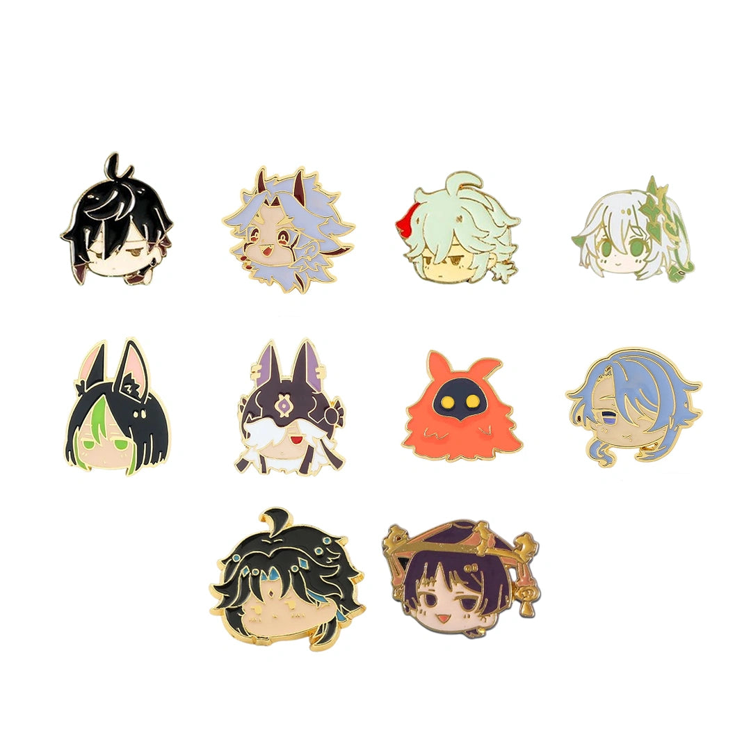 A set of nine enamel pins featuring chibi-style anime characters from Genshin Impact, arranged in a 3x3 grid on a plain white background.