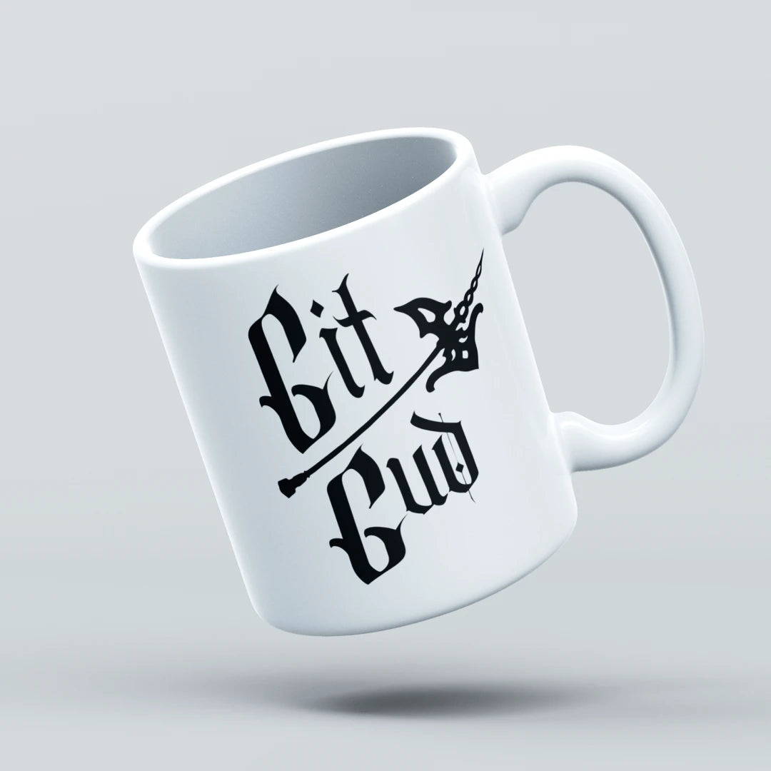 White mug with 'Bit Bud' text on a light gray background