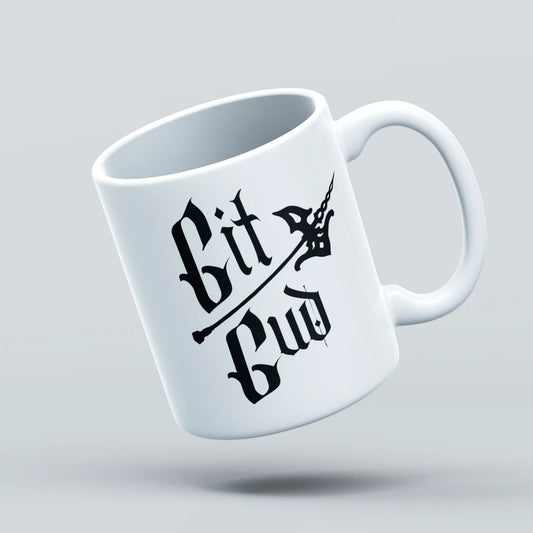 White mug with 'Bit Bud' text on a light gray background