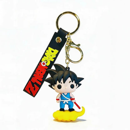 Keychain with character figure and black strap with red and yellow text on a white background