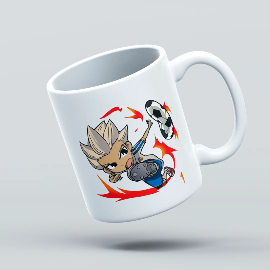 White mug with a cartoon character kicking a soccer ball on a light gray background