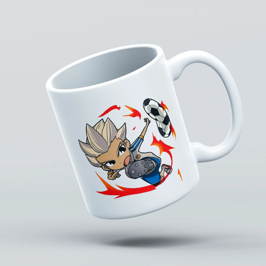White mug with a cartoon character kicking a soccer ball on a light gray background
