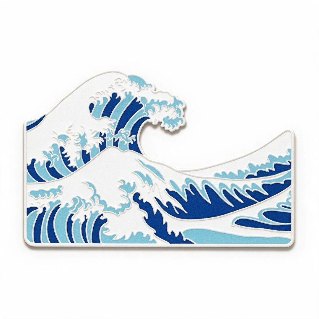 A rectangular wall plaque featuring a stylized blue and white ocean wave design inspired by The Great Wave off Kanagawa, shown on a plain white background.