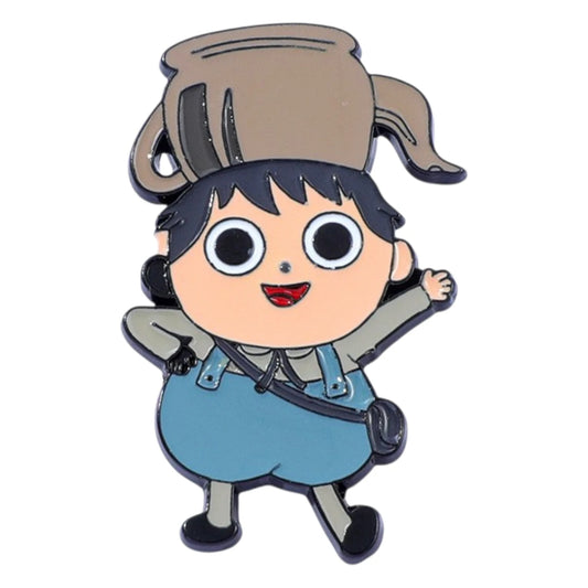 A cartoon enamel pin of a character with large eyes, black hair, a brown hat, and blue overalls, shown on a plain white background.