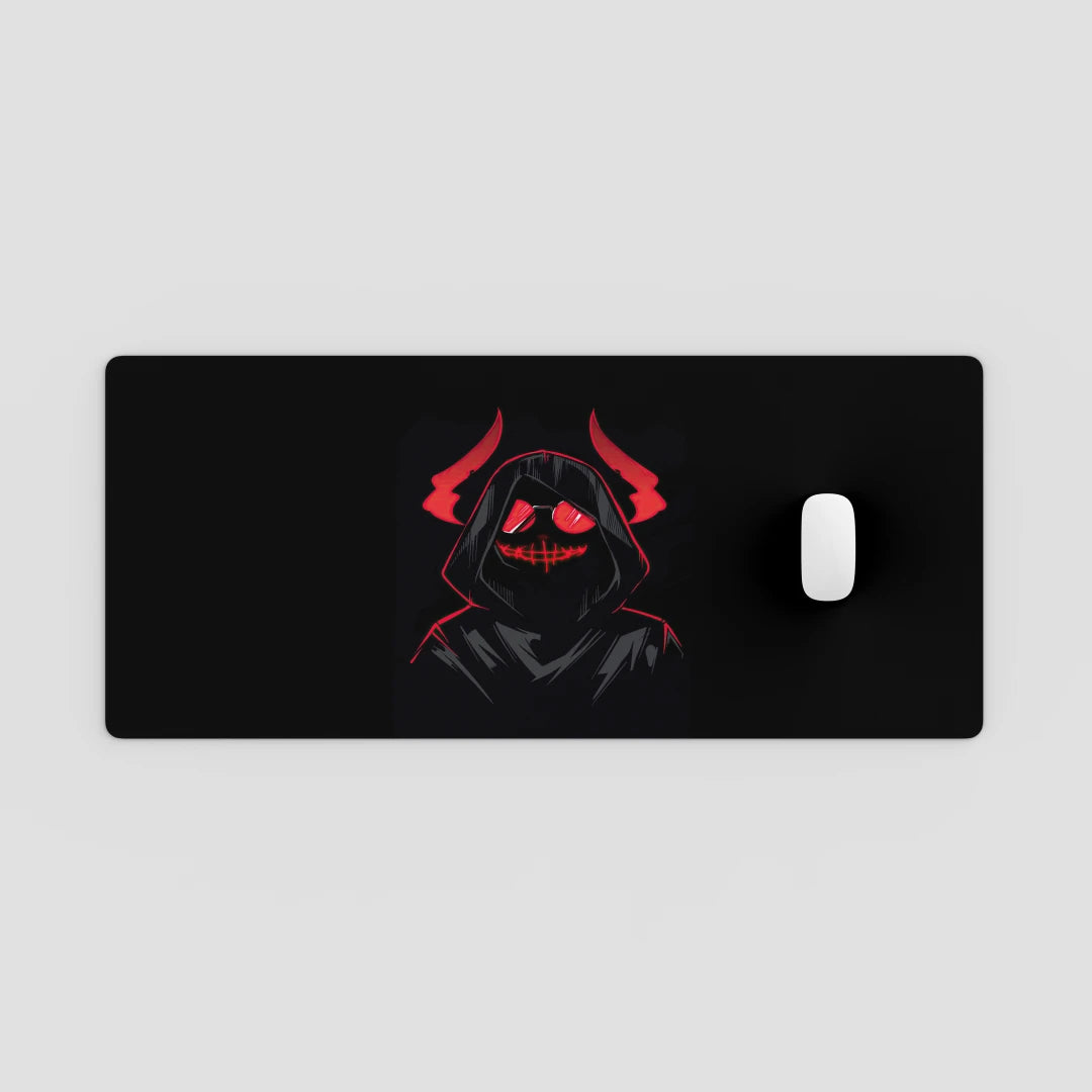 Black mouse pad with a hooded figure design on a light gray background