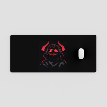 Black mouse pad with a hooded figure design on a light gray background