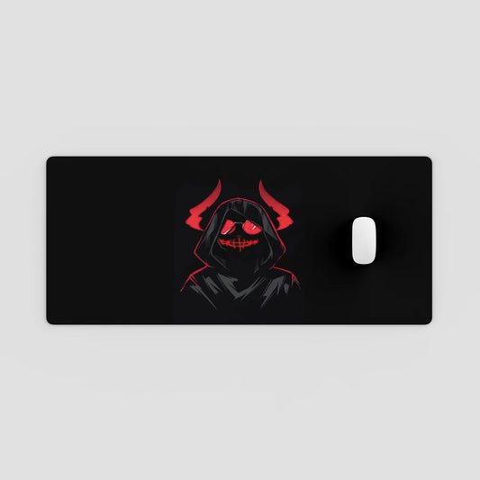 Black mouse pad with a hooded figure design on a light gray background