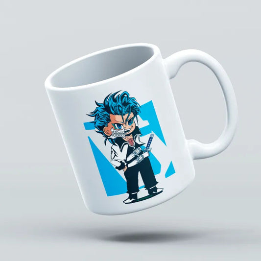 A white ceramic mug with a vibrant illustration of the character Grimmjow from the anime Bleach.