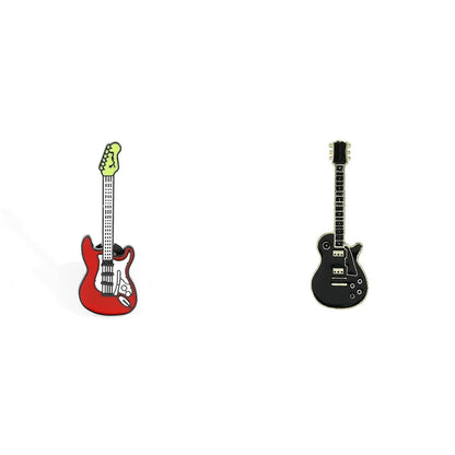 Two electric guitars, one red and one black, on a white background