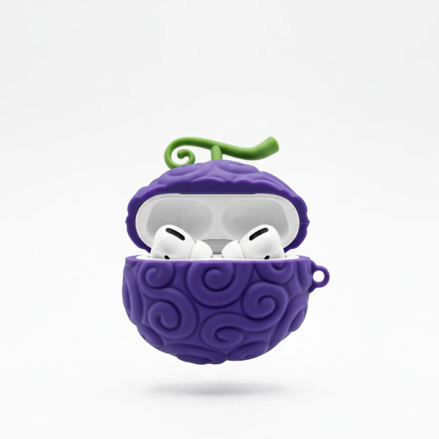 Purple case with white earbuds on a white background