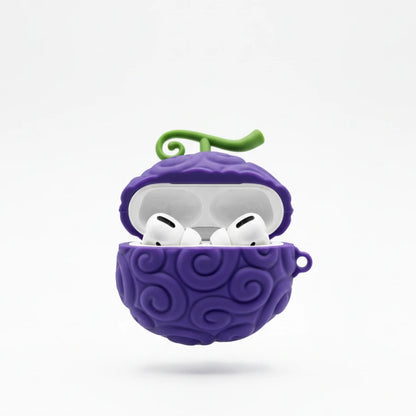 Purple case with white earbuds on a white background