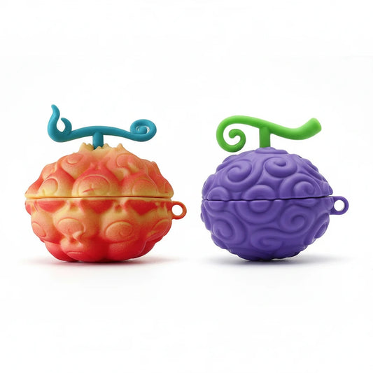 Two colorful fruit-shaped containers with decorative tops on a white background