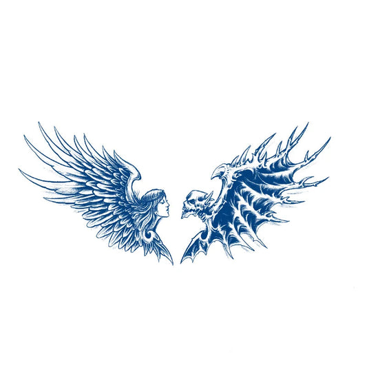 Blue tattoo design of an angel and a dragon with dimensions on a white background