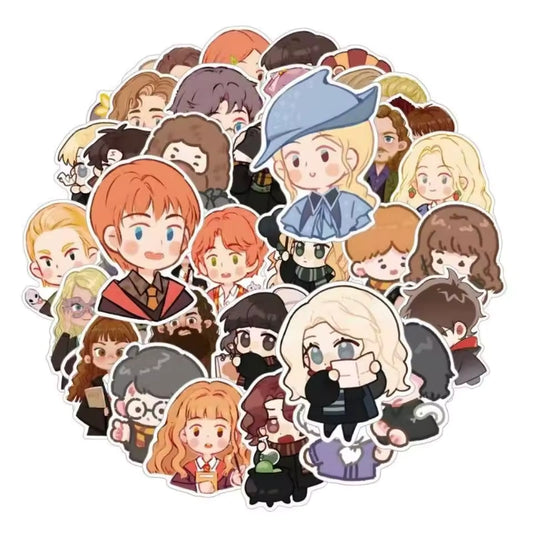 Collection of cartoon character stickers arranged in a circular pattern on a white background.