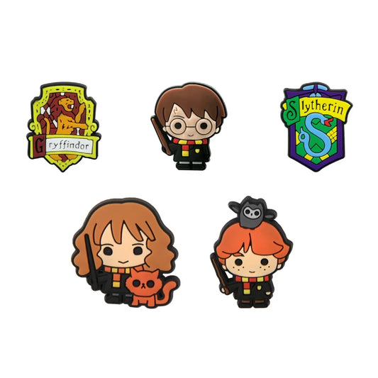 Set of Harry Potter-themed pins including Gryffindor and Slytherin logos, and character pins.