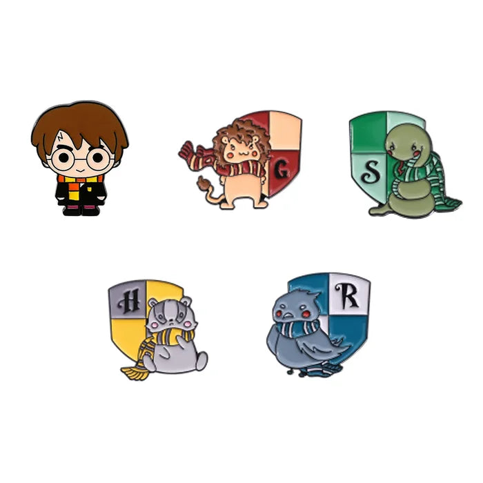 Set of Harry Potter-themed pins featuring characters and house symbols on a white background