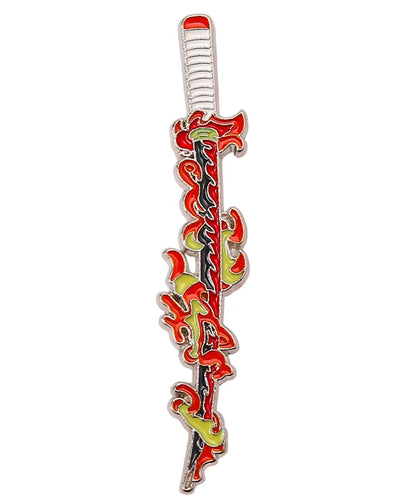 Decorative sword-shaped object with colorful design on a white background