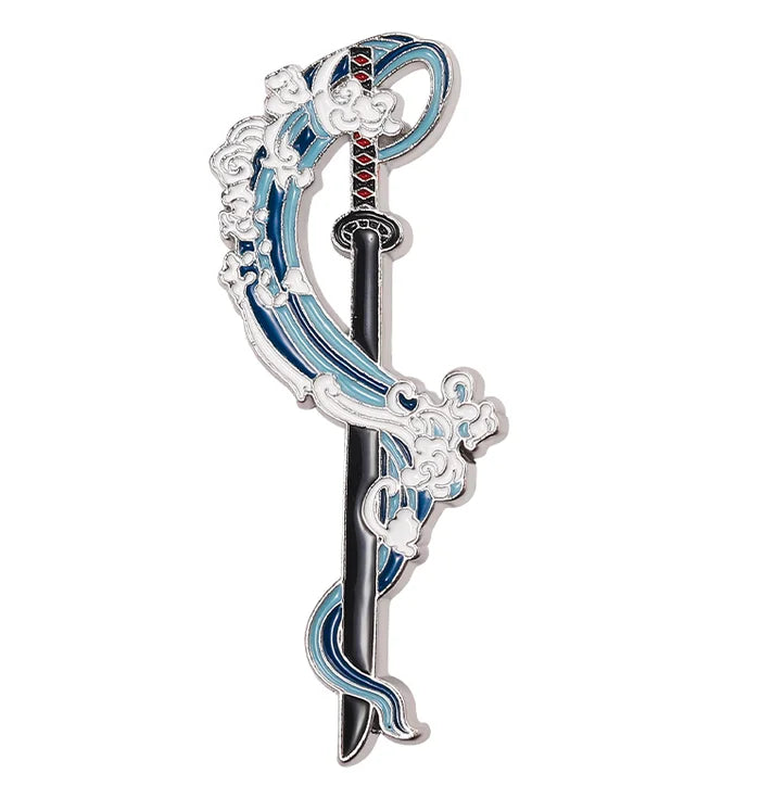 Decorative sword with blue and silver design on a white background