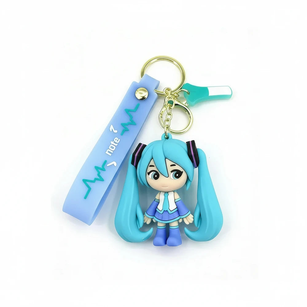 Keychain with character figure and blue strap on a white background