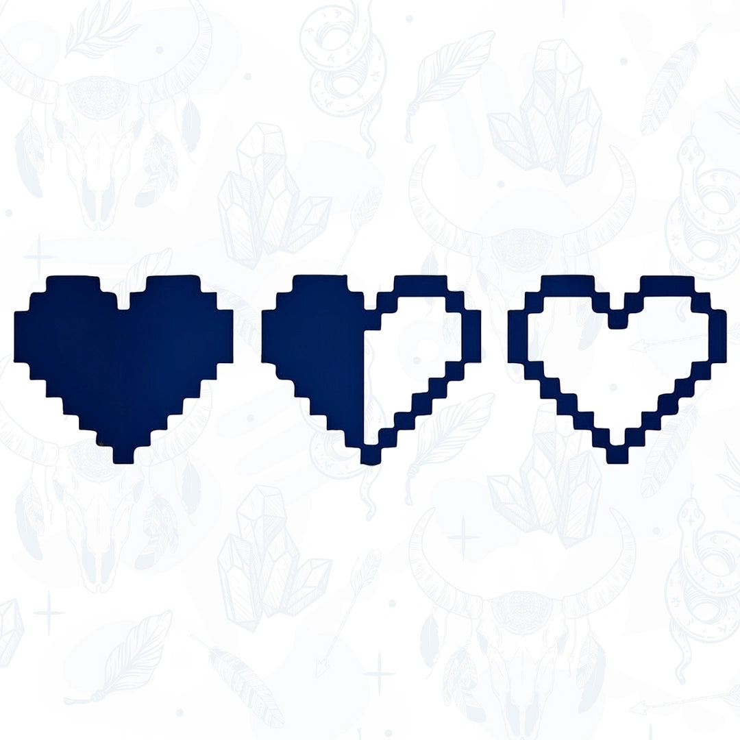 Three pixelated heart shapes in blue on a white background