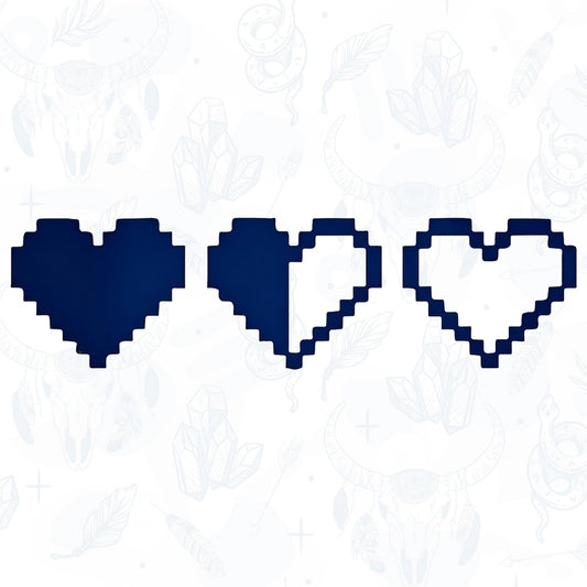 Three pixelated heart shapes in blue on a white background