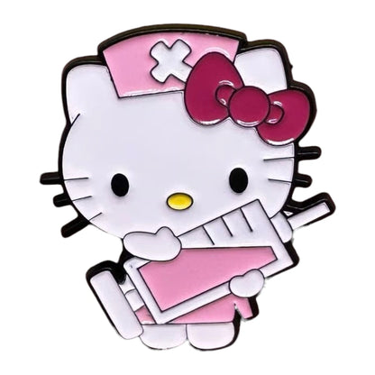 A Hello Kitty enamel phone sticker featuring a white cat character with a pink nurse hat and bow, holding a pink syringe, on a plain white background.