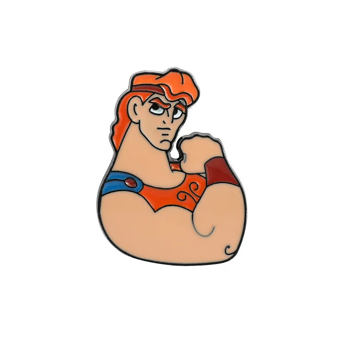 Cartoon character with red hair and blue shorts flexing his arm on a white background