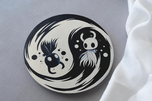 Yin and yang design with cartoon characters from hollow knight video game on a gray background
