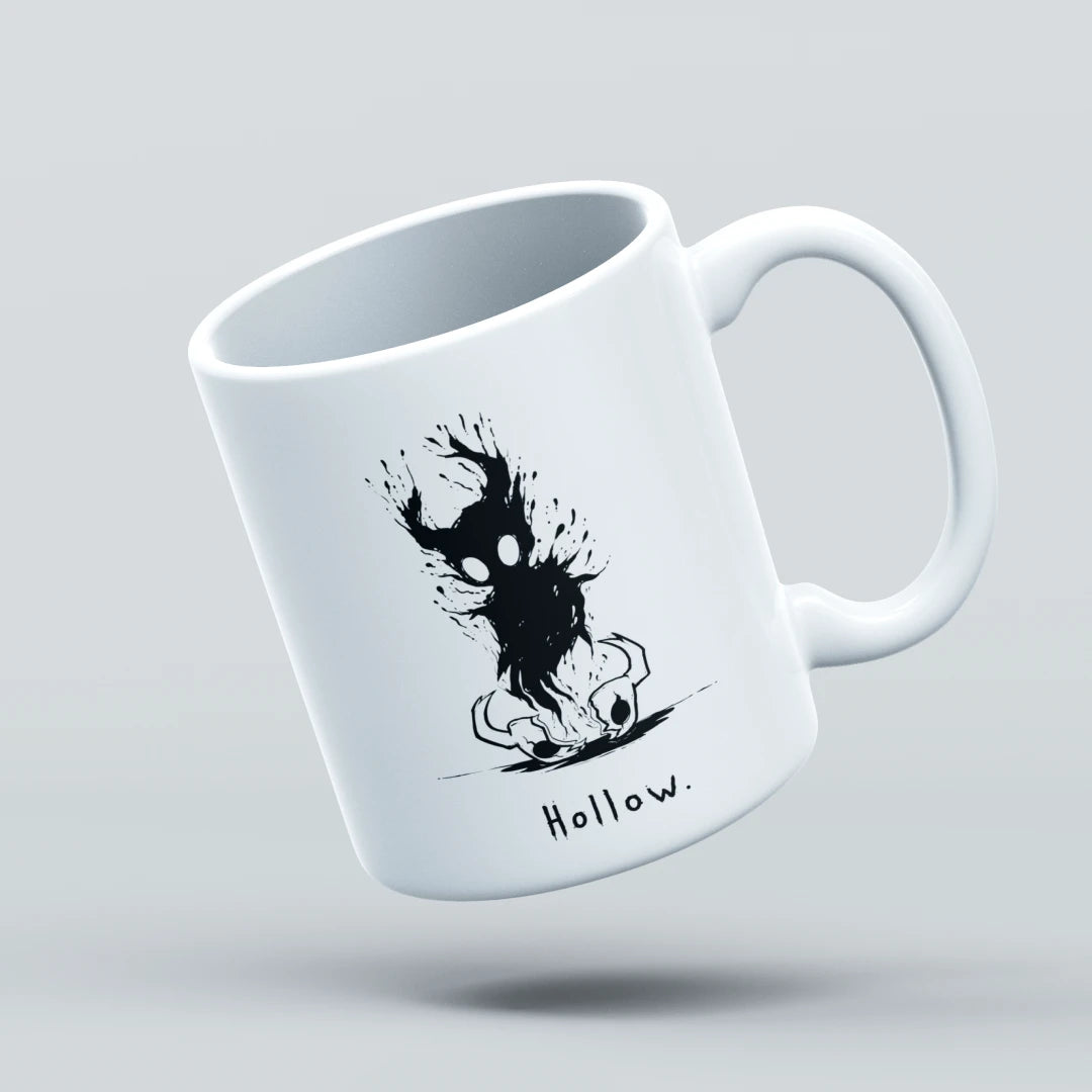 mug with black design and text "HOLLOW" on a gray background
