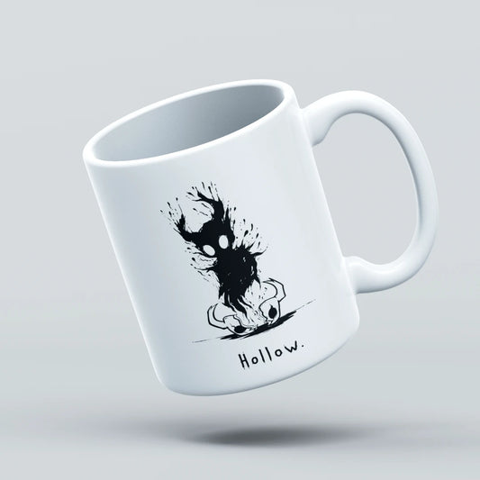 mug with black design and text "HOLLOW" on a gray background