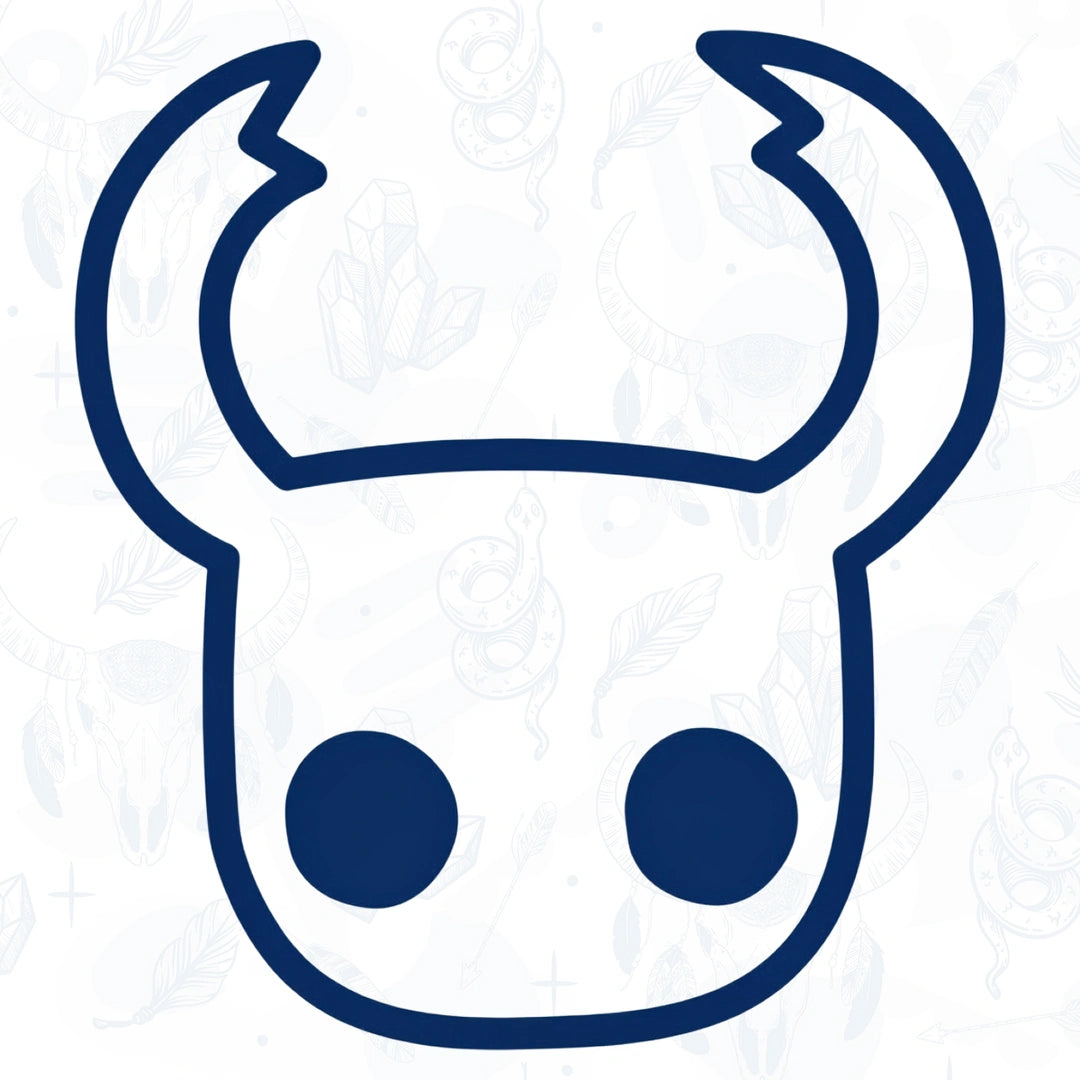 Blue outline of a creature head with large horns tattoo for Hollow Knight Video Game on a white background
