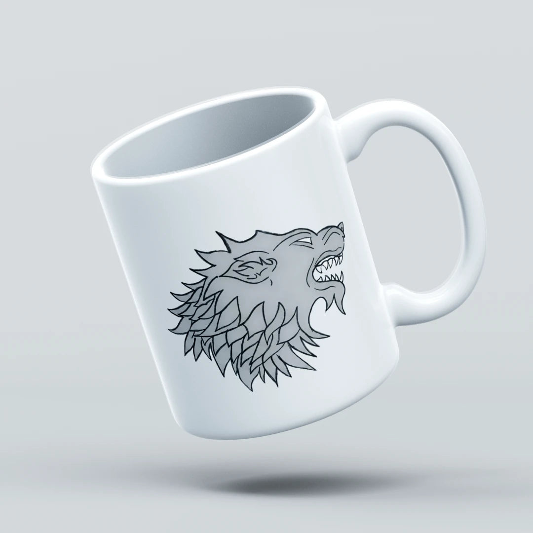 White mug with a wolf head design on a light gray background